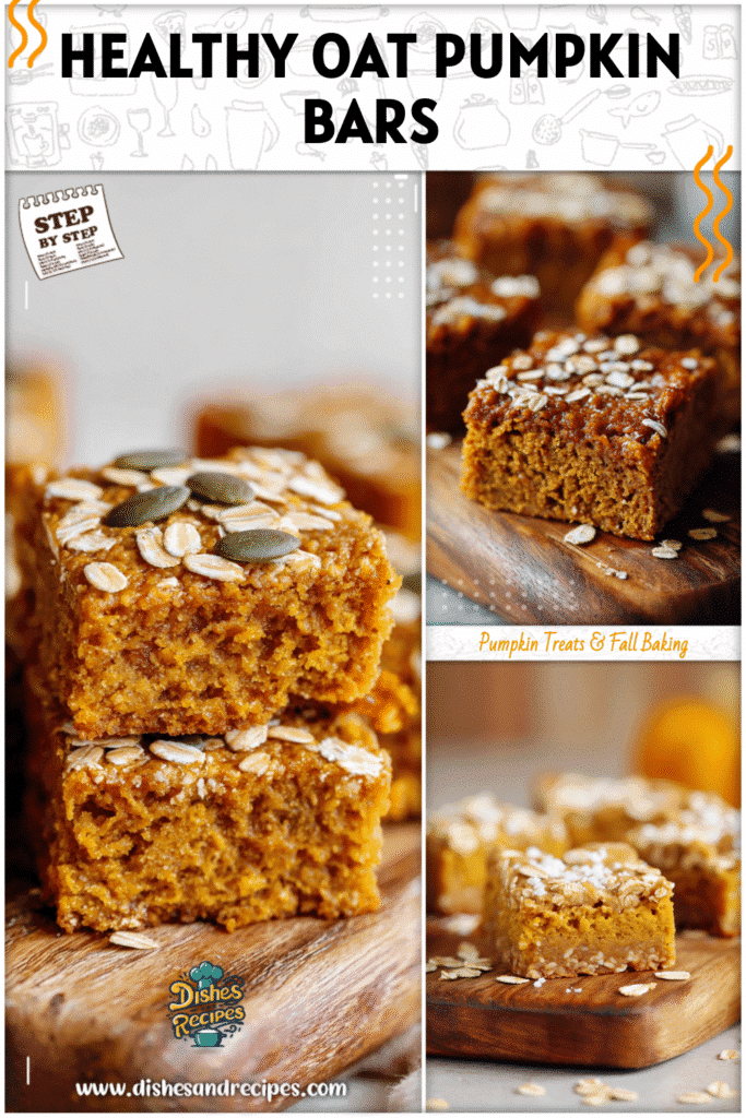 Healthy oat pumpkin bars topped with oats served on a cozy wooden cutting board.